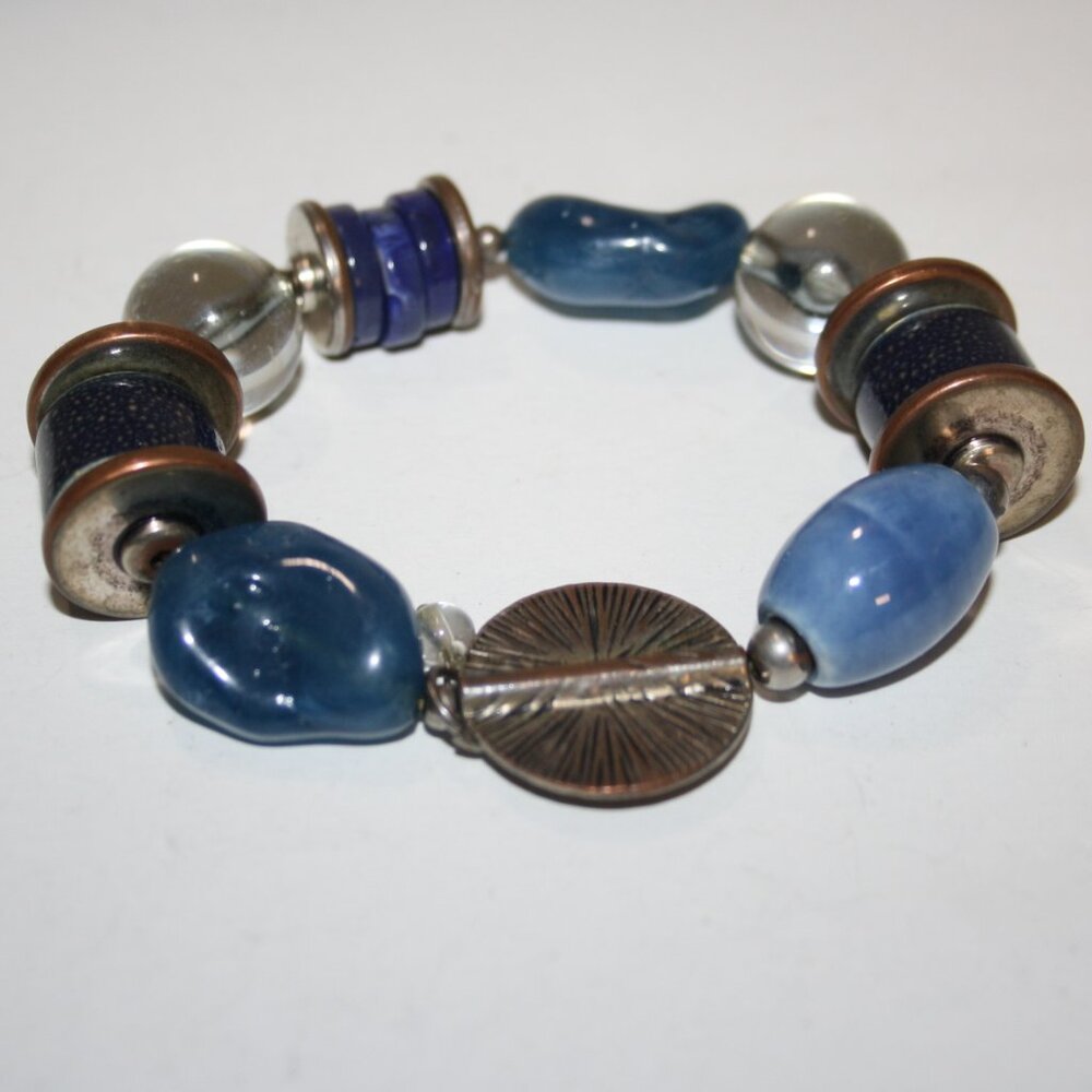 Beautiful silver, copper and blue glass beaded bracelet 8"